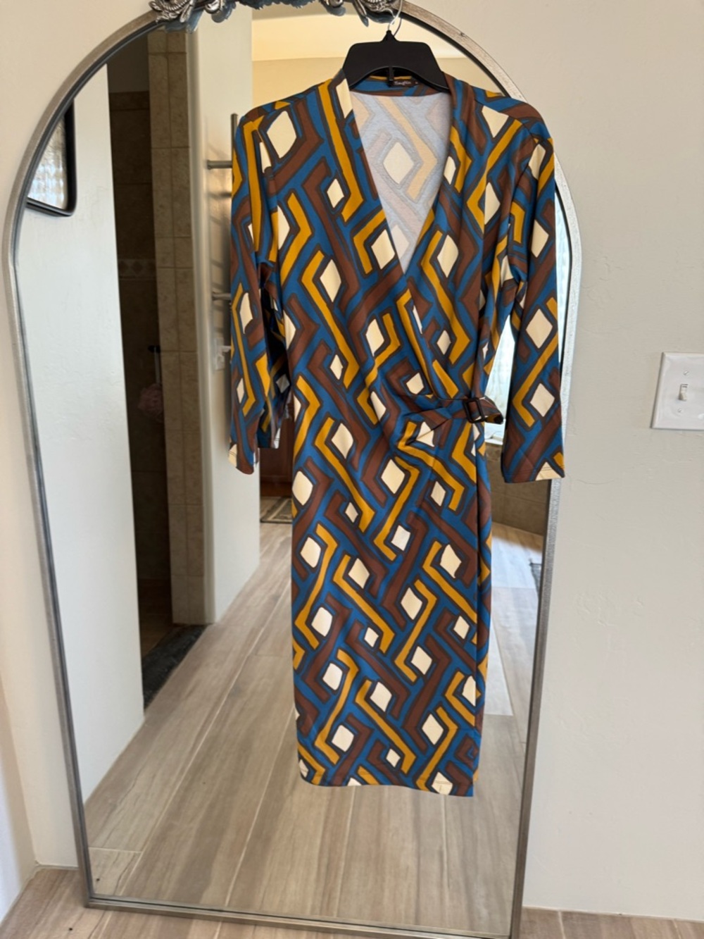 J. McLaughlin Geometric Wrap Midi Dress in Blue, Mustard & Brown